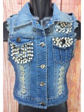 L Love Beaded-Distressed Denim‎ Vest Jacket Small